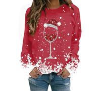 Suéter navideño de algodón Puro para Mujer, suéter con Capucha Estampado, suéter navideño de Copa de Vino Tinto, Camiseta de Manga Larga de otoño e Invierno, Cuello Redondo, Mangas largas#2025