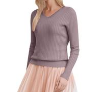 Suéter navideño par unido mujer, cuello en V, casual, primaveral, suéteres acanalados, ajuste Slim, ligeros Camisetas especiales invernales largas, violeta, M