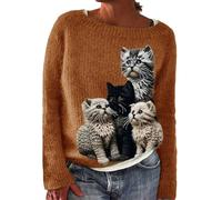 Suéter noruego para mujer de invierno cálido elegante suéter de punto cuello redondo manga larga sudaderas Tops patrón Jacquard túnica gran tamaño moda gran tamaño ropa mujer otoño invierno, marrón, S