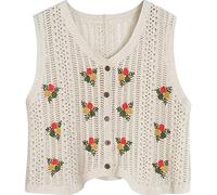 Suéter sin mangas de ganchillo para mujer, chaleco de punto floral con botones