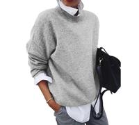 Suéter Suave Y Cálido, Suéteres De Otoño para Mujer, Suéter De Punto con Cuello Redondo Y Solapa, Camisa Informal Suave con Bloques De Color Y Manga Larga (Gris,S)