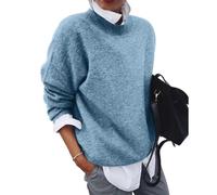 Suéter Suave Y Cálido, Suéteres De Otoño para Mujer, Suéter De Punto con Cuello Redondo Y Solapa, Camisa Informal Suave con Bloques De Color Y Manga Larga (Azul,L)