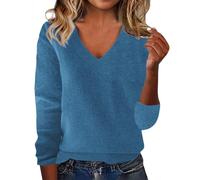 Suéter suelto de color sólido con cuello en V para mujer, talla grande, para otoño e invierno, suéteres ligeros, bonitos patrones de amor, suéter de punto, suéter térmico, azul, 4XL