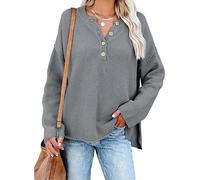 Suéter Suelto para Mujer, Tejido de Cable, Manga Larga, Cuello en V, Detalle de botón, de Gran tamaño, Casual, Suelto, de otoño