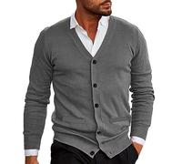 Suéter tipo cárdigan ligero para hombre, elegante, casual, suave, acogedor, cuello en V, botones, suéter de punto ajustado, manga larga, térmico, capa base con bolsillos, gris oscuro, XXL