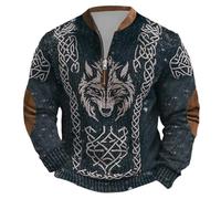 Suéter vikingo medieval genérico con estampado de cabeza de lobo feroz sudadera para hombre sin capucha vintage con media cremallera sudaderas mitología nórdica misteriosa ropa Halloween, Negro , XXL