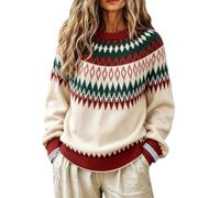Suéter Vintage Fair Isle para Mujer Manga Larga de Lana Suave Caliente Suéter De Punto Vintage Sudadera Cuello Redondo Ocio Suéter Gran Tamaño Suéter Noruego Nórdico Islandés, beige, 5X-Large