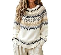 Suéter Vintage Fair Isle para Mujer Manga Larga de Lana Suave Caliente Suéter De Punto Vintage Sudadera Cuello Redondo Ocio Suéter Gran Tamaño Suéter Noruego Nórdico Islandés, blanco, XXX-Large