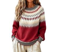 Suéter Vintage Fair Isle para Mujer Manga Larga de Lana Suave Caliente Suéter De Punto Vintage Sudadera Cuello Redondo Ocio Suéter Gran Tamaño Suéter Noruego Nórdico Islandés, rojo, 5X-Large