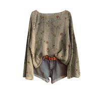 Suéteres, Chalecos Y Sudaderas Mujer Vintage Impreso Floral Bohemia Suéter De Punto Elegante Cuello Redondo De Manga Larga Sudaderas Con Patrón De Túnica De Gran Tamaño Moda Ropa Mujer Cómodo, gris