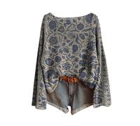 Suéteres, Chalecos Y Sudaderas Mujer Vintage Impreso Floral Bohemio Suéter Over De Punto Chic Cuello Redondo Manga Larga Sudadera Con Patrón Tops Oversize Elástico Ropa Mujer Básico, azul, S