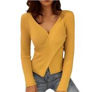 Suéteres Cruzados con Cuello En V para Mujer Jersey Liso De Punto De Manga Larga Jersey A Rayas Camisa Informal para Mujer con Parte Inferior De Oficina Yellow Free Size