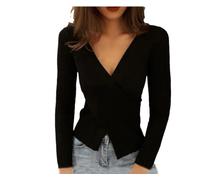 Suéteres Cruzados con Cuello En V para Mujer Jersey Liso De Punto De Manga Larga Jersey A Rayas Camisa Informal para Mujer con Parte Inferior De Oficina Black Free Size