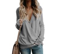 Suéteres Cruzados con Escote en V Profundo for Mujer Jersey de Punto Holgado con Mangas largas y Cruces en el Frente Tops de otoño e Invierno(Gray,L)