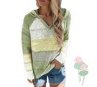 Suéteres de ganchillo a rayas con capucha y bloques de color para mujer, ligeros, suéter de bloque de color para otoño para mujer (verde, 3X_L)