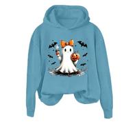Suéteres de Halloween para mujer, vintage, forro polar, con capucha de calabaza, cuello suelto, calavera, color liso, para Halloween, adolescentes, ropa de calle, azul celeste, M