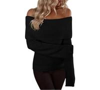 Suéteres de Manga Larga con Hombros Descubiertos para Mujer, suéter Ajustado de Punto Acanalado de Manga Larga, suéter de Cuello Barco para Mujer (Black,XL)