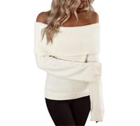 Suéteres de Manga Larga con Hombros Descubiertos para Mujer, suéter Ajustado de Punto Acanalado de Manga Larga, suéter de Cuello Barco para Mujer (White,L)
