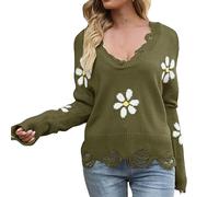 Suéteres de punto cómodos para mujer, suéter térmico de manga larga rasgado con cuello en V con flores pequeñas, disfraz de fiesta, trajes de Navidad, regalos, verde, S