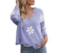 Suéteres de punto cómodos para mujer, suéter térmico de manga larga rasgado con cuello en V con flores pequeñas, disfraz de fiesta, trajes de Navidad, regalos, Morado (, S