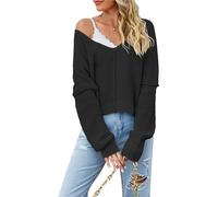 Suéteres de Punto gofre for Mujer, suéter con Cuello en V y Hombros Descubiertos, suéter Holgado de Gran tamaño, Tops de Color Liso, Ropa(Black,Small)