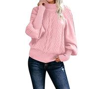 Suéteres de punto trenzado de manga larga con cuello alto para mujer, estilo casual, de punto acanalado, con manga farol, sueltos, color sólido, suéteres de punto grueso para mujer, rosa, L