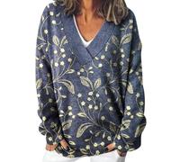 Suéteres gruesos para mujer 2024 a la moda, con estampado artístico vintage, cuello en V, suéter para mujer para otoño e invierno, azul marino, 3XL