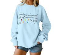 Suéteres navideños para mujer, probablemente solo van a jingle some of the way con estampado de letras de Navidad, copos de nieve, divertidos y novedosos, azul claro, 3XL