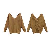 Suéteres para mujer, suéteres de gran tamaño para mujer, manga larga, cuello en V, nudo cruzado, espalda descubierta, suéter de punto a la moda, suéter casual para mujer, suéteres de otoño, dorado, M