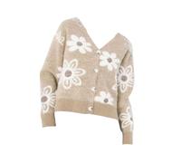 Suéteres tipo cárdigan para mujer, frente abierto, manga larga, con botones, cuello en V, suéter de punto floral, abrigo, beige, L