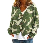 Suéteres tipo cárdigan para mujer, para otoño, casual, estampado floral, manga larga, botones, cuello en V, frente abierto, ligero, holgado, 1B-Verde, XXL