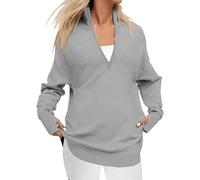 Suéteres Tipo pulóver para Mujer, de Manga Larga, con Cremallera de un Cuarto, Informales, Holgados, con Cuello en V y Cuello Punto Acanalado, Gris Claro, Talla pequeña