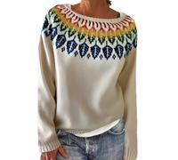 Suéteres vintage para mujer, suéter de punto Fairisle, cómodo suéter de cuello redondo, clásico y versátil, ropa de punto Fair Isle, a la moda, Halloween, Navidad, suéter ultra suave, beige, 4XL