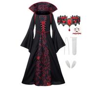 Suffolly Disfraz de vampiro para niños, 4 piezas, traje de vampiro real con vestido, collar, dentaduras postizas góticas, disfraz de reina vampiro, disfraz de Halloween para niños (estilo A, 150)