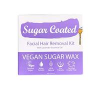 Sugar Coated Kit de cera de azúcar para depilación facial orgánica, tiras de cera suaves para cejas y labio superior, con aceite de lavanda para calmar la piel, para pieles sensibles, 200 g