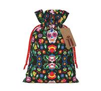 Sugar Horror Skull and Flowers - Bolsa de regalo de gran capacidad de 4.7 x 6.9 pulgadas con cordón para tus regalos preciosos de Halloween, 1 unidad