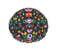 Sugar Horror Skull and Flowers - Gorro de ducha reutilizable de lujo para mujer, doble capa de protección elástica, para spa y salón de belleza