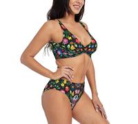 Sugar Horror Skull and Flowers Print Hawaii Bikini Set Traje de baño de dos piezas con cuello en U, Negro, M