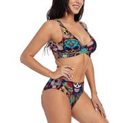 Sugar Skulls Print Hawaii - Conjunto de bikini de dos piezas con cuello en U para mujer, Negro, L