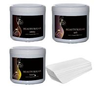 Sugaring Wax Kit - Beauty Sugar Test Set + 50 tiras de vellón GRATIS - pasta de azúcar para depilación - las tres pastas en formato XXL á 600g - para zona íntima, cara y cuerpo