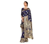 Sugathari Sari Banarasi para mujer, de seda Kanjivaram pura, suave, diseño 2023, sari Pattu, última colección de sari de algodón para fiesta, con blusa para boda sadi (PARI 63 NEW WINE), Azul Marino,
