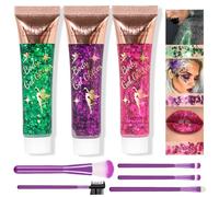 Sugeru®Brillos Purpurina Cara Festival Maquillaje-3 Colores Kit,Glitter Bar Para la Cara,Gel Purpurina Pelo,Cara Maquillaje,Arte Corporal,Uñas,Mejilla,Líquida Maquillaje Festival (verde+morado+rojo)