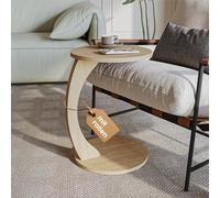 sugodesign Mesa Auxiliar con Ruedas, Pequeña Mesa de Café en Forma de C, Elegante Mesa Auxiliar en un Hermoso Efecto de Roble Natural, Mesa Redonda como Mesa de Sofá, Mesa de Sofá