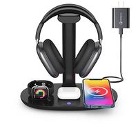 Suguder - Soporte para auriculares con cargador inalámbrico de 15 W, estación de carga 4 en 1 para AirPods Max/Pro/4/3/2 iWatch 10/9/8/7/6/5/4/3/2/1/SE iPhone 16/15/14/13/12/11/X para juegos de mesa