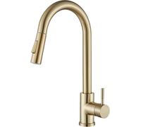 Suguword Grifo de cocina dorado cepillado, grifo rociador extraíble con boquilla de arco alto, grifo mezclador de acero inoxidable de una sola manija, cabezal de pulverización de doble función