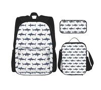 SUHNGE Juego de bolsas de libros 3 en 1 con estampado de animales de granja, mochila ajustable para el hombro, bolsa de almuerzo, estuche para lápices, Fish and Shark, Talla única