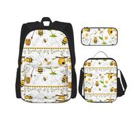 SUHNGE Juego de bolsas de libros 3 en 1 con estampado floral de árboles, mochila ajustable para el hombro, bolsa de almuerzo, estuche para lápices, Flying Bees Daisy Honey, Talla única