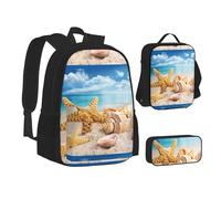 SUHNGE Mochila escolar 3 en 1 con estampado de cactus para adolescentes, bolsa de almuerzo, mochila escolar para niños, Starfish Seashell Ocean Beach, Talla única