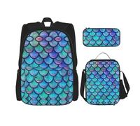 SUHNGE Mochila escolar de 3 piezas con estampado de escamas de sirena, color verde azulado, con bolsa de almuerzo, estuche para niñas de secundaria, Escama de pez verde azulado sirena, Talla única