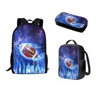 Suhoaziia Juego de mochila escolar para niñas y niños, 3 piezas, mochila de viaje para libros, lonchera, para mujeres, hombres y adultos, estuche para lápices, bolsa cruzada, Blue Flame Water Rugby,